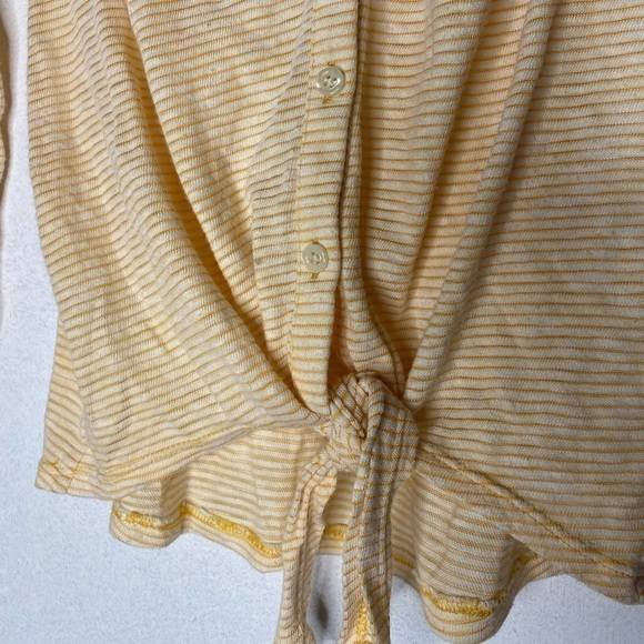 ANN TAYLOR LOFT YELLOW STRIPED BUTTON UP CARDIGAN TIE TOP - Picture 2 of 5